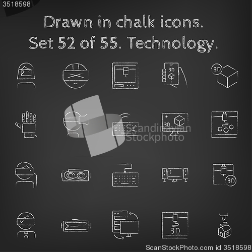 Image of Technology icon set drawn in chalk.