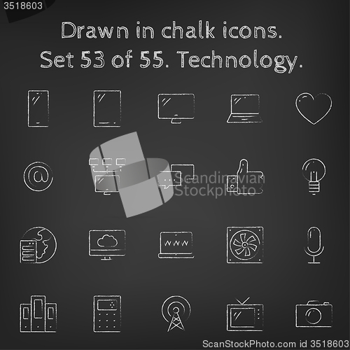 Image of Technology icon set drawn in chalk.