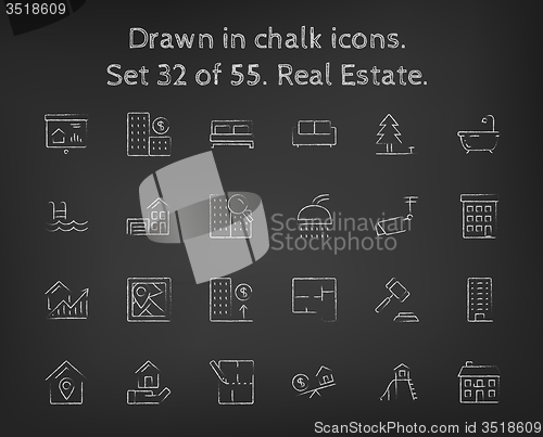 Image of Real estate icon set drawn in chalk.