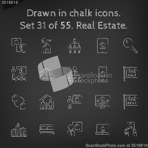 Image of Real estate icon set drawn in chalk.