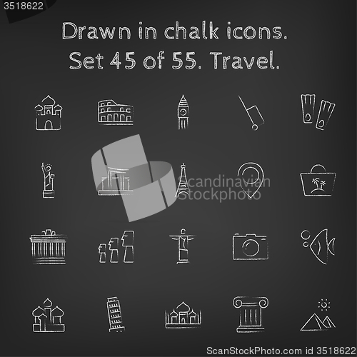 Image of Travel icon set drawn in chalk.