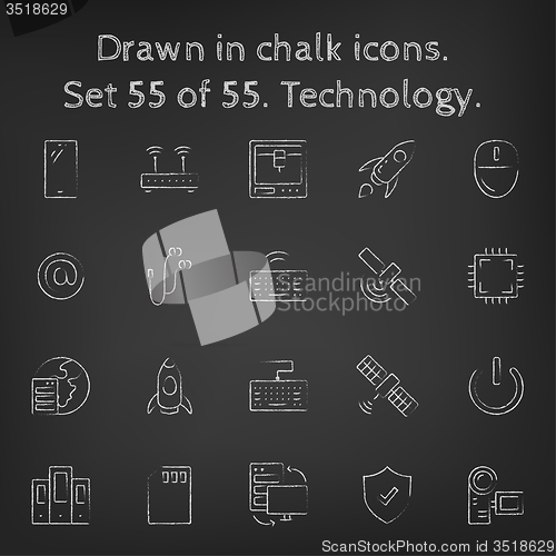 Image of Technology icon set drawn in chalk.