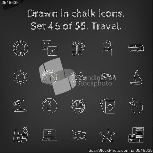 Image of Travel icon set drawn in chalk.