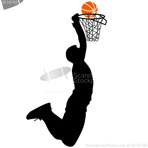 Image of Black silhouettes of men playing basketball on a white 