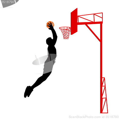 Image of Black silhouettes of men playing basketball on a white 