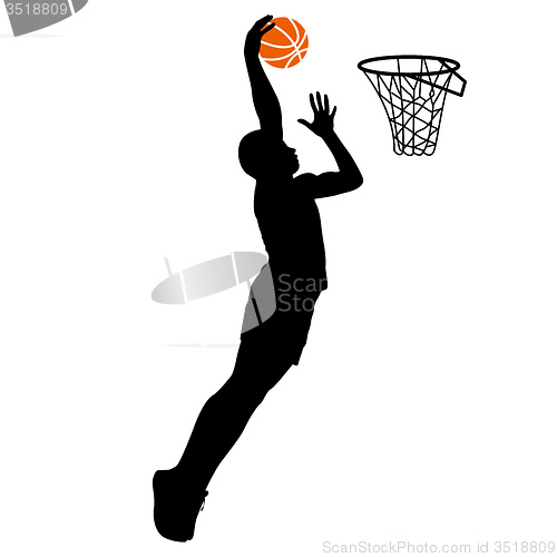 Image of Black silhouettes of men playing basketball on a white 