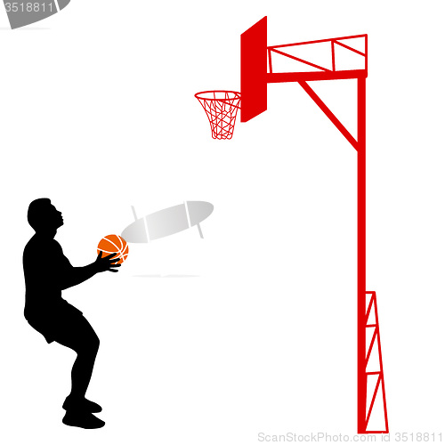 Image of Black silhouettes of men playing basketball on a white 