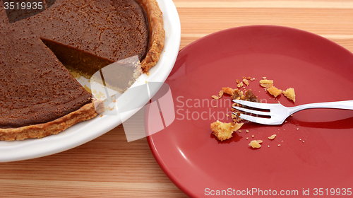 Image of Plate with crumbs next to a sliced pumpkin pie