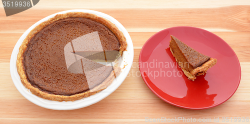 Image of Homemade pumpkin pie with a slice served