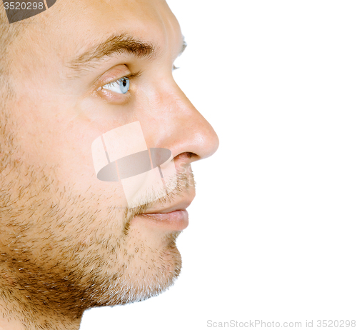 Image of Unshaven blue eyed man in profile. Studio. isolated