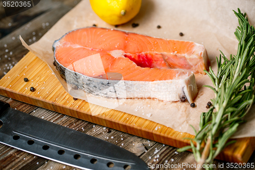 Image of close up fresh steak salmon with knife