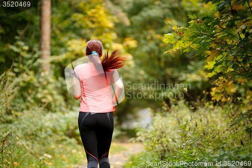 Image of sporty  woman running in forest 