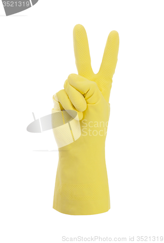 Image of Yellow cleaning glove, victory sign