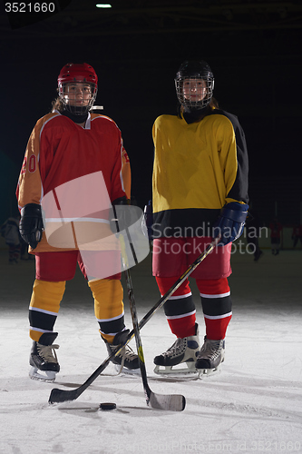 Image of teen girls ice hockey players portrait