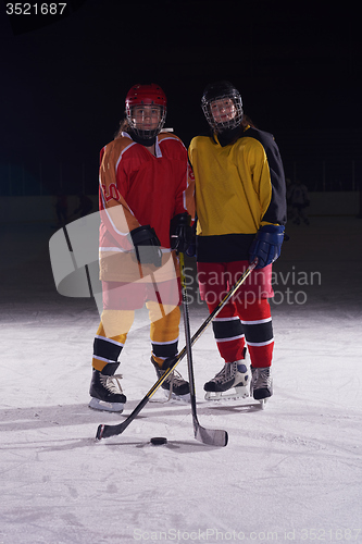 Image of teen girls ice hockey players portrait