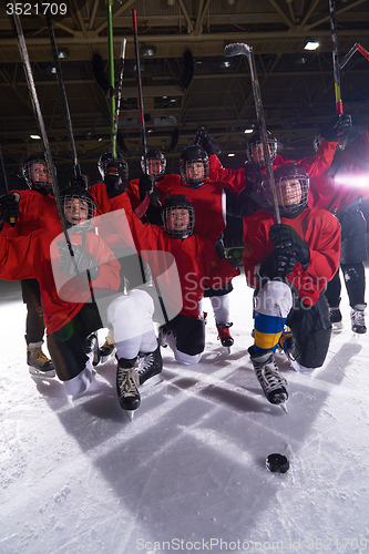 Image of happy children gropu  hockey team sport players