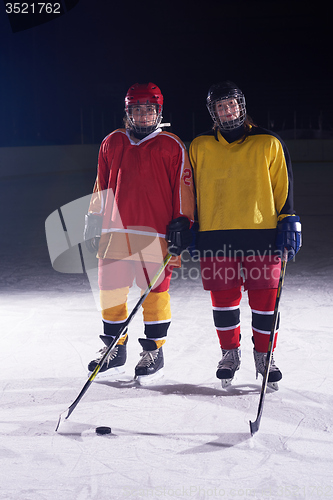 Image of teen girls ice hockey players portrait