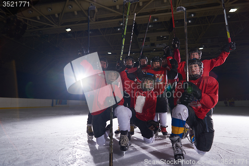 Image of happy children gropu  hockey team sport players