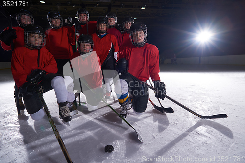 Image of happy children gropu  hockey team sport players