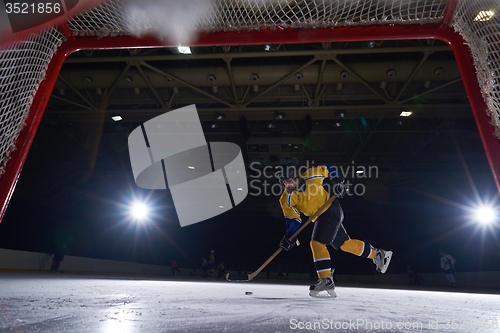 Image of teen ice hockey player in action