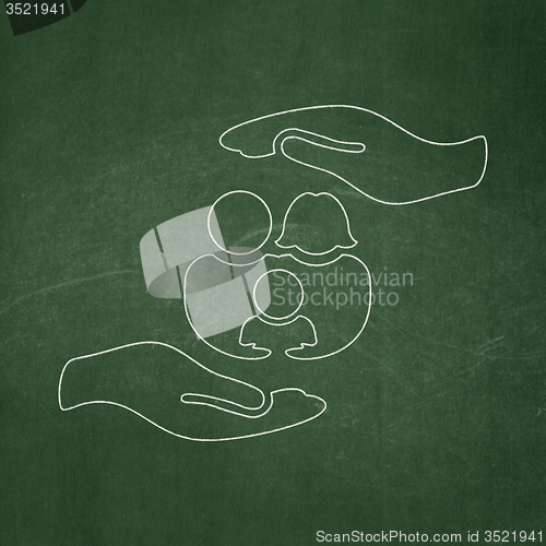 Image of Insurance concept: Family And Palm on chalkboard background