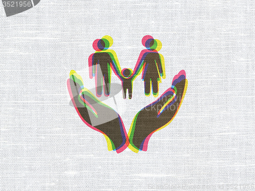 Image of Insurance concept: Family And Palm on fabric texture background