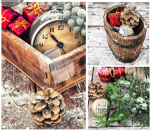 Image of collage with Christmas decorations and an old alarm clock