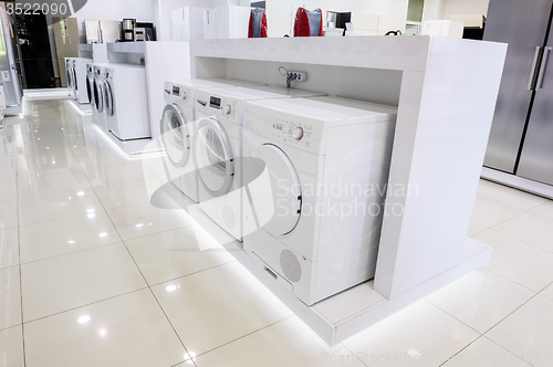 Image of washing mashines in appliance store