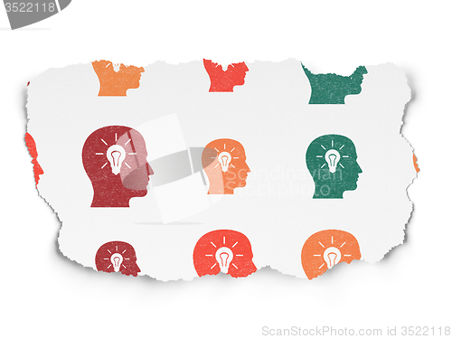 Image of Marketing concept: Head With Light Bulb icons on Torn Paper background