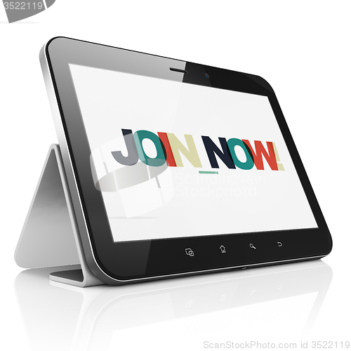 Image of Social media concept: Tablet Computer with Join now! on  display