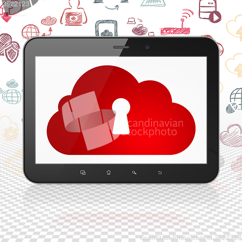 Image of Cloud computing concept: Tablet Computer with Cloud With Keyhole on display