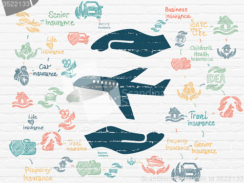 Image of Insurance concept: Airplane And Palm on wall background