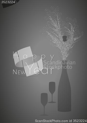 Image of happy new year and glasses with bottle