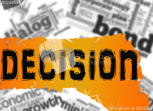 Image of Word cloud with decision word on yellow and red banner