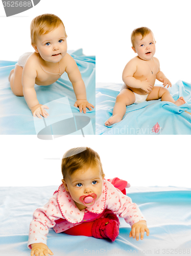 Image of set of three photos. baby girl on a blue blanket. Studio