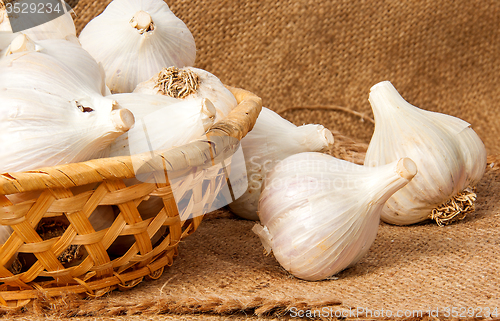 Image of Whole head of garlic in a wicker basket