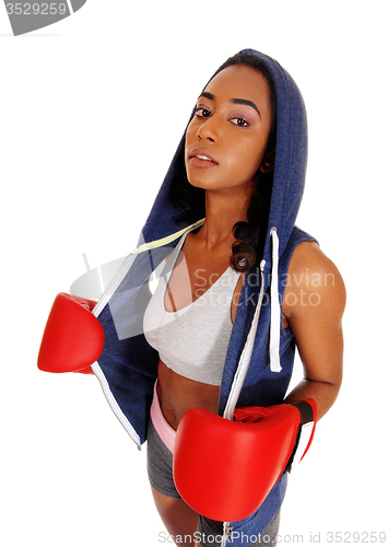 Image of Athletic woman in hoody wearing boxing gloves.