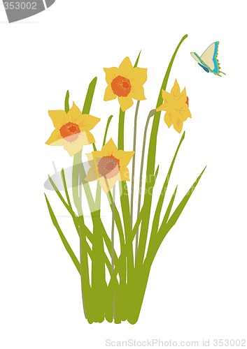 Image of daffodil plant in bloom with butterfly