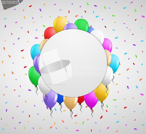 Image of color balloons and white badge