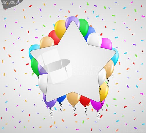 Image of color balloons and white badge