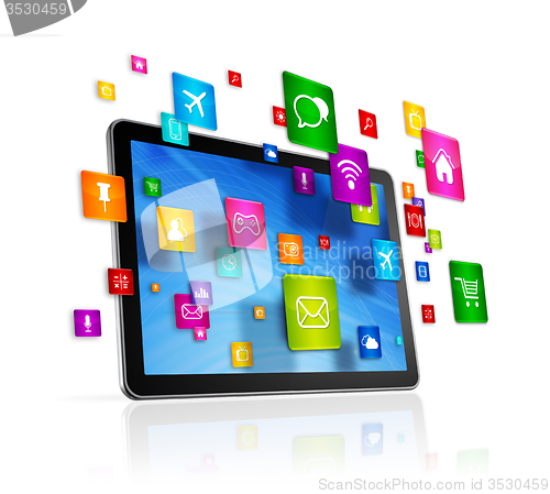 Image of Tablet PC and flying apps icons