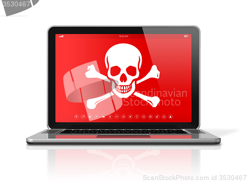 Image of Laptop with a pirate symbol on screen. Hacking concept