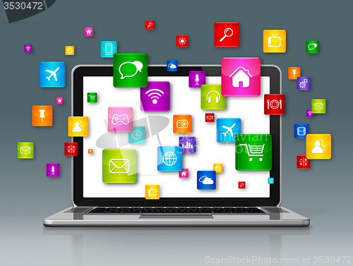 Image of Laptop Computer and flying apps icons isolated on grey