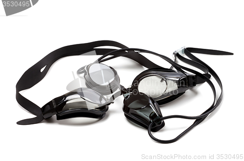Image of Two black goggles for swimming on white background
