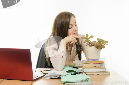 Image of The teacher bored looking at flowers in a pot