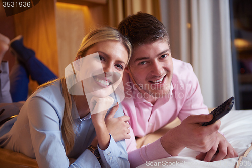 Image of young couple in modern hotel room