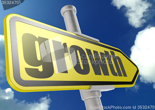 Image of Yellow road sign with growth word under blue sky