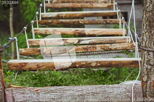 Image of Wooden stairs in the green forest park