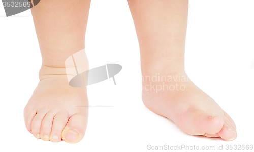 Image of Little person walking towards barefoot isolated on white backgro