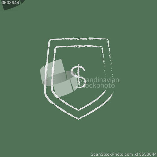 Image of Shield with dollar symbol icon drawn in chalk.